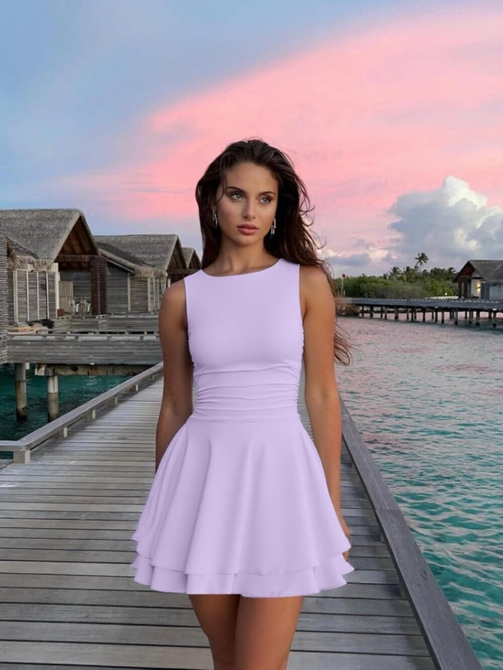 〽️Women's Purple Ruffle Hem Boat Neck Sleeveless Ruched Corset Short Mini Dress